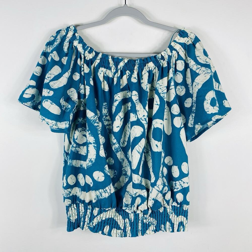 Haute Hippie Top Large Off The Shoulder Linen Blend Short Sleeve Blue White